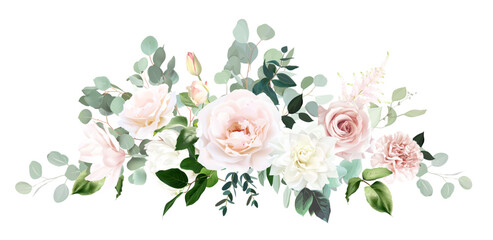 Pale pink and dusty beige rose, carnation, magnolia, dahlia, eucalyptus, greenery vector design floral bouquet. Classic wedding sage, white, blush and beige flowers. Elements are isolated and editable