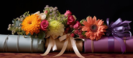 Floral arrangements with colorful wrapping available for purchase, featuring an elegant presentation with copy space image.