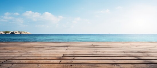 Fototapeta premium Seaside wooden platform with ample copy space image.