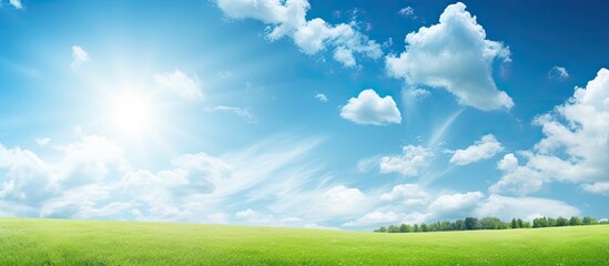 Obraz premium Sunny day with green field, blue sky, and sun in copy space image.