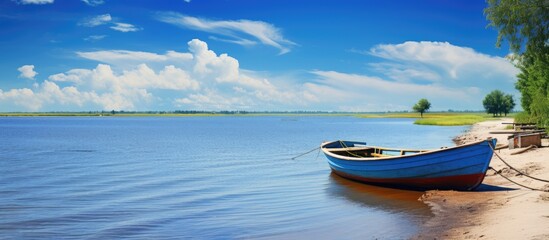 Naklejka premium A scenic seaside view featuring ships, sandy beaches, the sky, and the picturesque Danube Delta with a backdrop of rolling waves; ideal for copy space image.