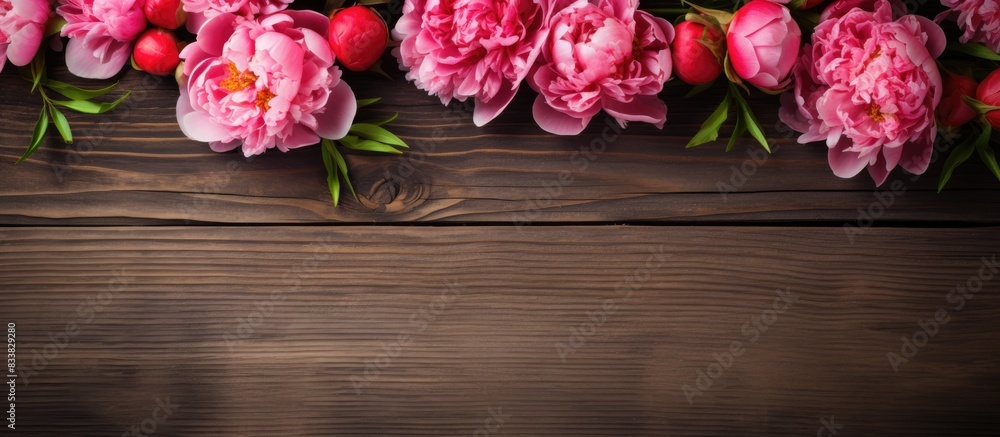 Poster Pink and red peonies positioned beautifully on a rustic wooden backdrop with space for text or graphics in the frame. with copy space image. Place for adding text or design