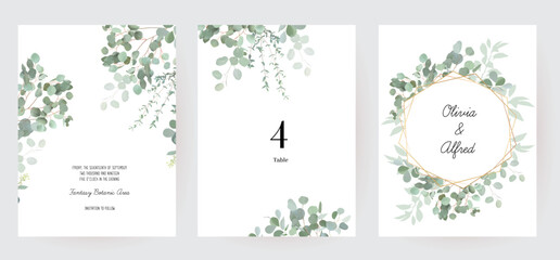 Herbal eucalyptus selection vector frames. Hand painted branches, leaves on white background. Greenery wedding simple minimalist invitations. Watercolor style cards. Elements are isolated and editable © lavendertime