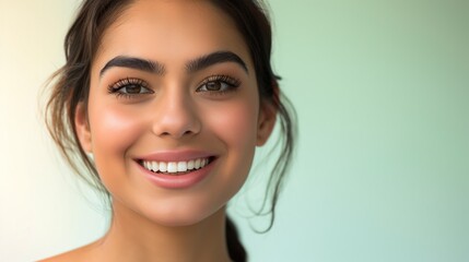 Naklejka premium A close-up portrait of a woman with flawlessly applied makeup smiling confidently against a muted green background