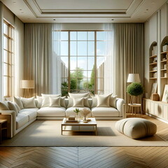 Fototapeta premium The image is of a living room with a large window. It features a couch, pillows, window treatments, and other furniture and decor items typically found in a living room setting.