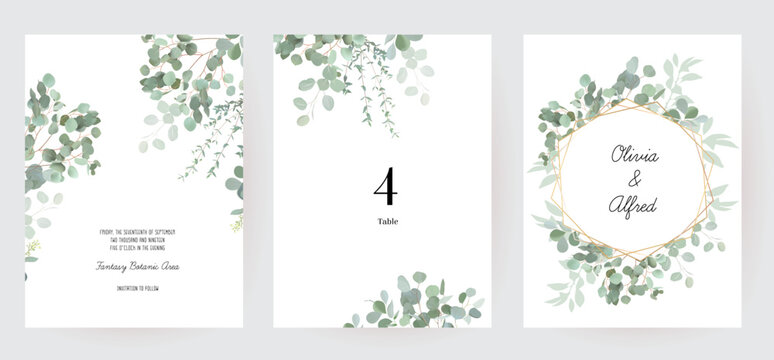 Herbal eucalyptus selection vector frames. Hand painted branches, leaves on white background. Greenery wedding simple minimalist invitations. Watercolor style cards. Elements are isolated and editable