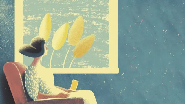 Brunette woman with a laptop sitting on a sofa late at night. Abstract concept art lazy sedentary lifestyle of a young freelancer working from home with cat, plants. 3d animation on blue background.