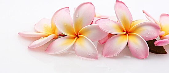 Fototapeta premium Plumeria flower showcasing raindrops against a white background with copy space image.