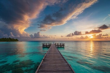 Obraz premium Panoramic view of the resort, turquoise water, beautiful sky, platform to the hotel.