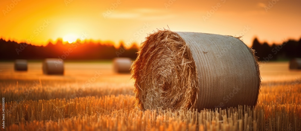 Poster a stunning closeup of a hay bale in a field at sunset with a beautiful copy space image.