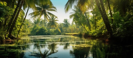 Obraz premium Coconut palm trees are reflected in the pond, creating a serene and tranquil scene with a beautiful copy space image.