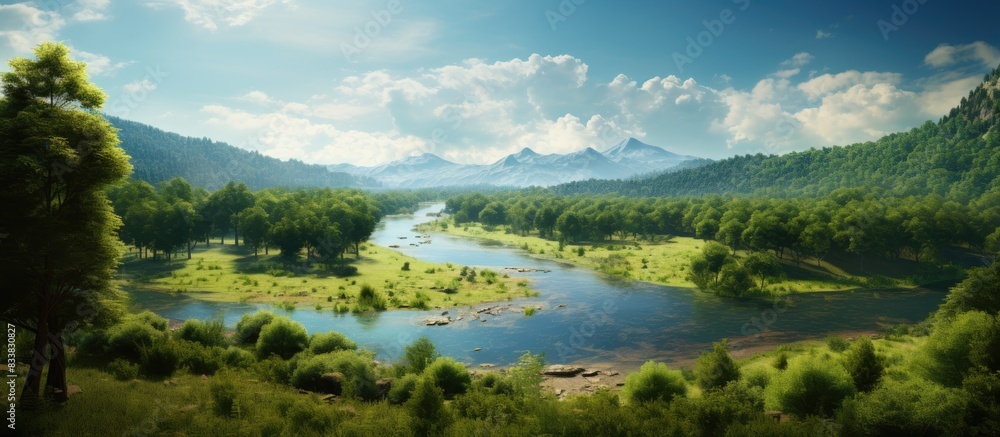 Poster scenic countryside with a river meandering through tall trees offering ample copy space image possib