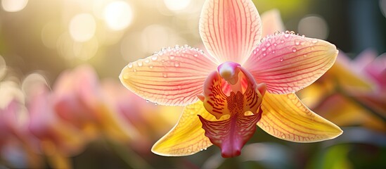 Macro shot of a yellow-pink orchid displaying zen-like beauty in nature with sensitive focus,...