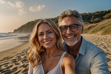 Obraz premium The family is relaxing on the beach, taking selfies on the phone.