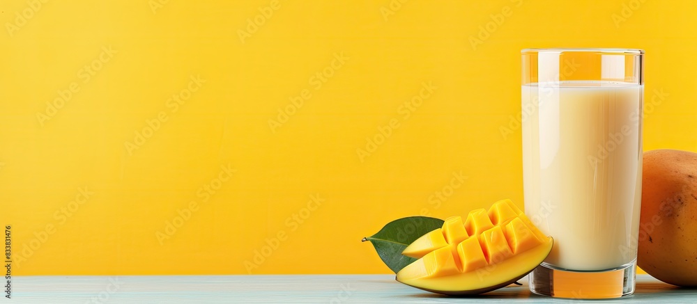 Poster a refreshing glass of mango milk with a vibrant copy space image.
