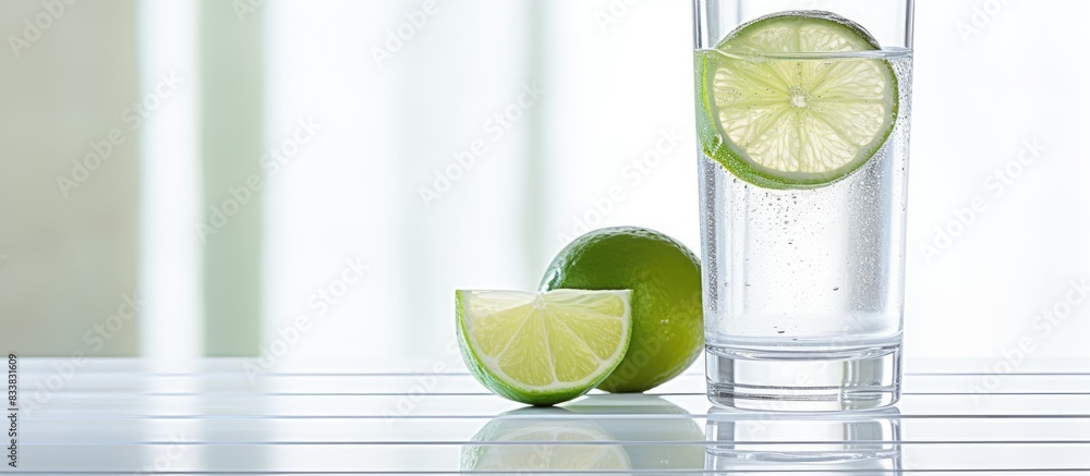 Poster glass of water with fresh lime slice on white table with copy space image.