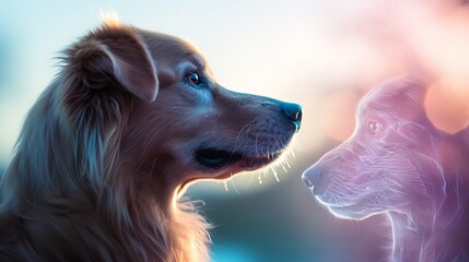 canine loyalty close up, focus on, copy space bright and affectionate Double exposure silhouette with a dog