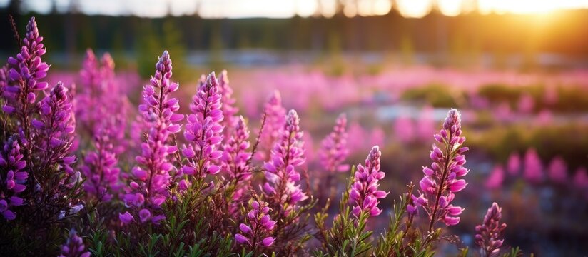 Wild Erica or heath and heather flowers blooming beautifully in the forest, with a stunning background for a copy space image.