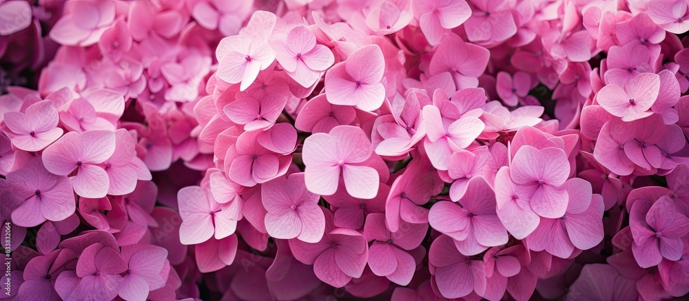 Poster a background filled with vibrant pink hydrangea flowers, creating a picturesque scene with copy spac