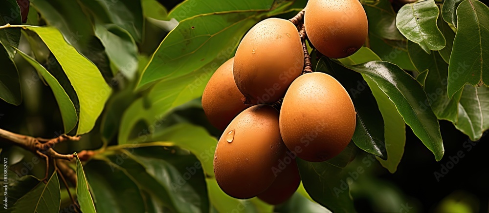 Aufkleber close-up image of brown sapota fruit surrounded by green leaves with copy space image.