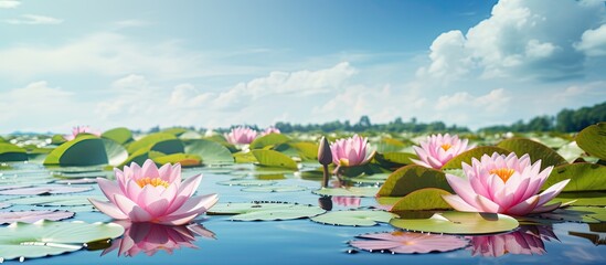 Water plants, blue sky, and pink water lilies in a pond, with a beautiful and tranquil atmosphere providing an attractive copy space image. © vxnaghiyev