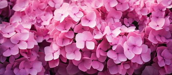 A background filled with vibrant pink hydrangea flowers, creating a picturesque scene with copy space image.