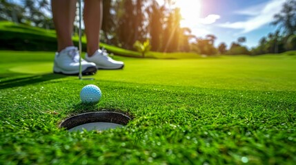 Close-up of a golf ball next to the hole on a sunny day, with golfer in the background on a lush green course.