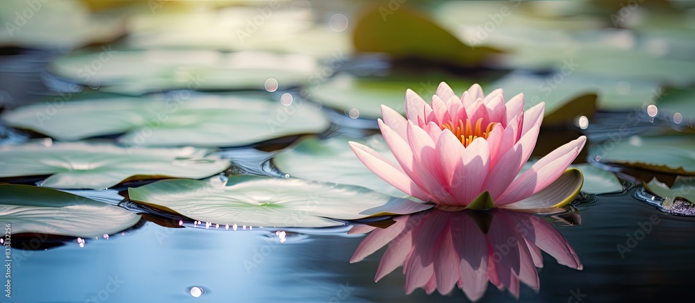 Aufkleber A blooming pink water lily amidst a pond with an empty space for adding an image. with copy space image. Place for adding text or design