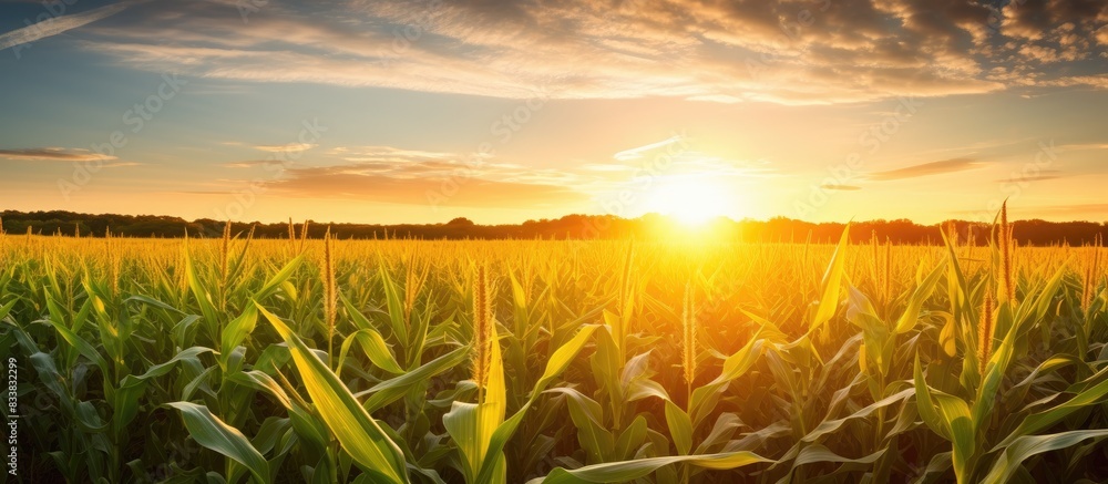 Poster corn field with a beautiful sunset in the background with copy space image.