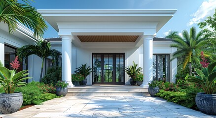 A white house with a large front porch and columns, featuring a large doorway and a balcony. The house is surrounded by greenery and has a potted plant in front of it.