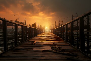 Fototapeta premium Serene sunset casting a warm glow over a weathered wooden pier, with birds flying in a vibrant sky