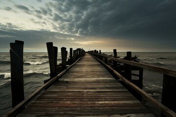 Moody sunset over the ocean with a deserted wooden pier leading into the horizon - Powered by Adobe