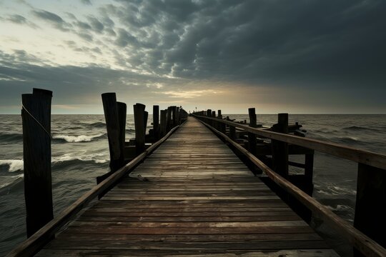 Moody sunset over the ocean with a deserted wooden pier leading into the horizon