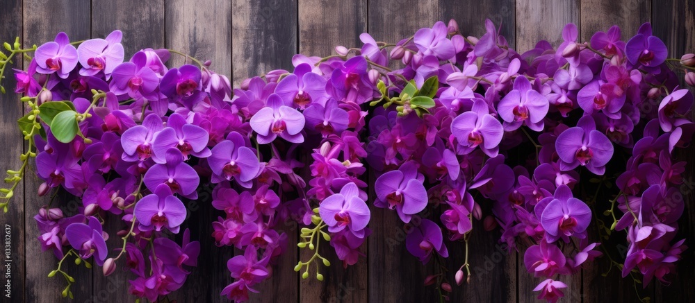 Poster a stunning arrangement of violet orchids set against a natural backdrop, perfect for a copy space im