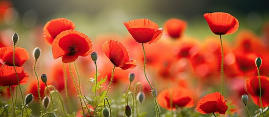 Obraz premium Vivid red poppies in full bloom during summer captured in a close-up copy space image.
