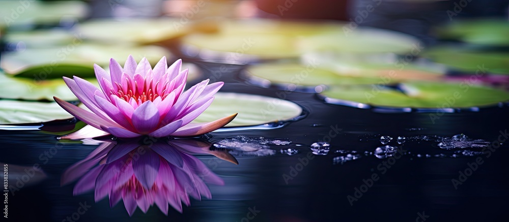 Poster a purple lotus in a serene pond offers a tranquil setting with copy space image.