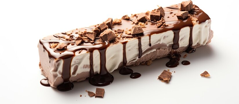 A delectable ice cream bar coated in rich chocolate, displayed on a white background with copy space image.