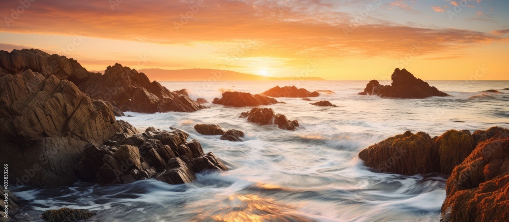 Poster sunset on the beach shore with waves crashing against the rocks, providing a picturesque copy space 