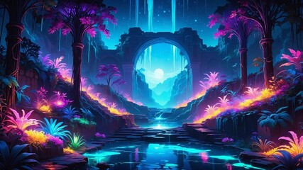 Bioluminescent Mystical Ancient Ruins with Vibrant Neon Lights and Starry Sky. Generative AI