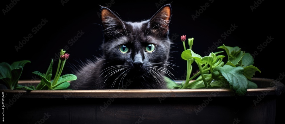 Poster A dark furred cat rests inside a flowerpot with space for text or images. with copy space image. Place for adding text or design