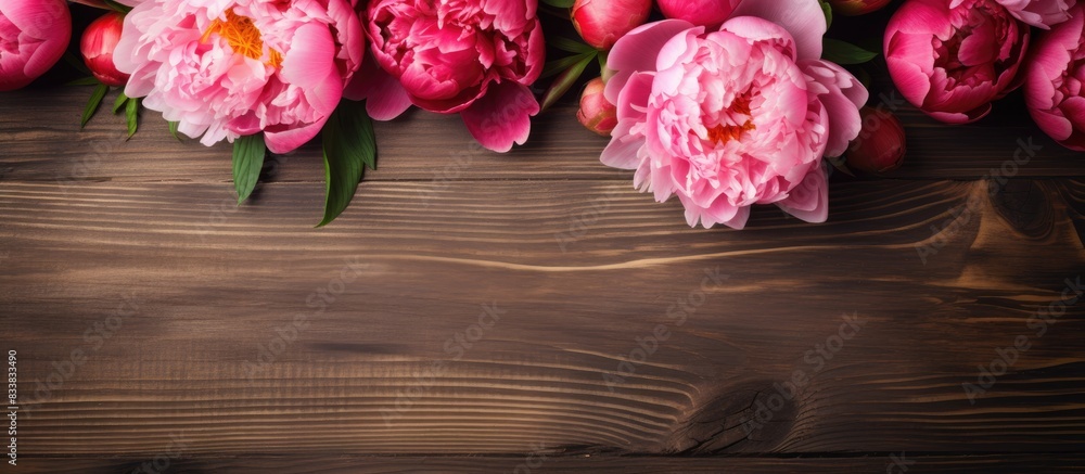 Aufkleber Pink and red peonies positioned beautifully on a rustic wooden backdrop with space for text or graphics in the frame. with copy space image. Place for adding text or design