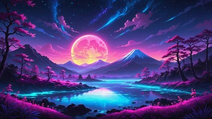 Surreal Bioluminescent Fantasy Landscape with Glowing Moon and Neon Lights. Generative AI