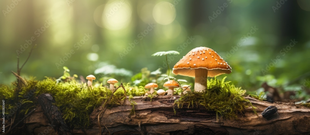 Poster Nature background showing an old stump with a mushroom on it, providing space for text or graphics (copy space image).