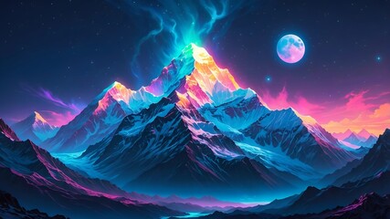 Surreal Bioluminescent Mountain Landscape with Neon Lights and Full Moon in Starry Sky. Generative AI