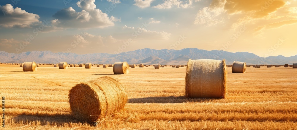 Poster after harvesting, golden wheat fields with straw bales make a beautiful countryside scene with a stu