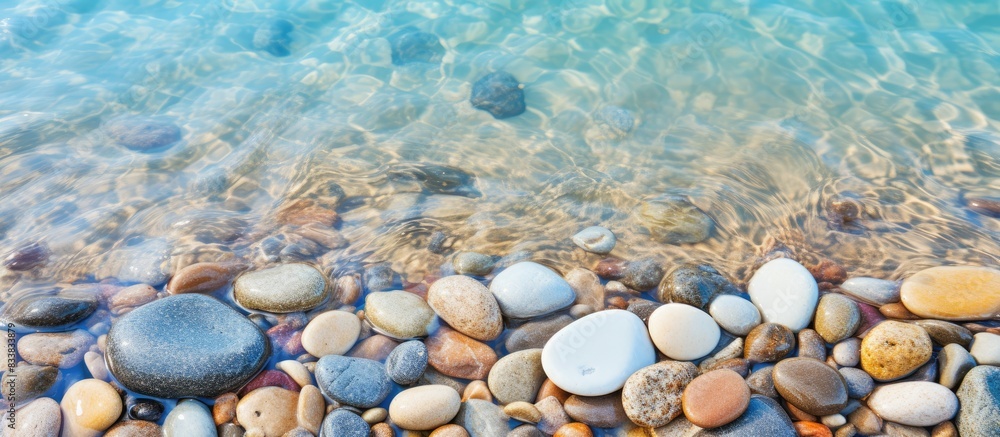 Poster close-up of smooth beach pebbles under clear water on the sand, creating a natural and tranquil vaca