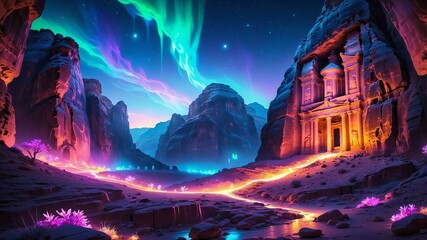 Bioluminescent Mystical Petra Ruins with Glowing Neon Lights and Northern Lights in Starry Sky. Generative AI