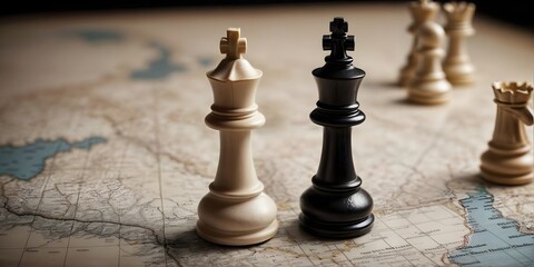 Two chess pieces on a world map representing geopolitical discussion and movement between countries and continents, Geopolitics concept