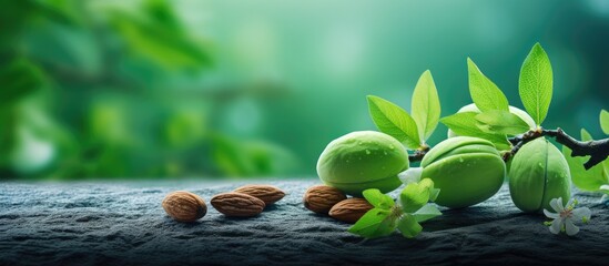 A vibrant green unripe wild almond with an attractive appearance in a copy space image.