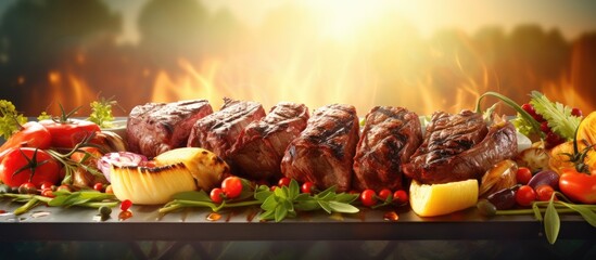 Summer grill party with delicious barbecue meat on a sun-shaped grill, creating a festive ambiance...